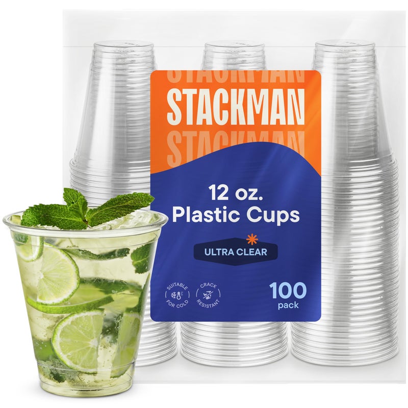 Stack Man [100 Pack - 12 oz.] Clear Disposable Plastic Cups PET Crystal Clear Disposable 12oz Plastic Cups - Image 1